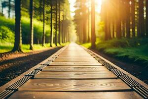 a wooden path in the middle of a forest. AI-Generated photo