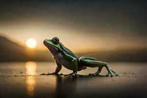 a frog is standing on the ground at sunset. AI-Generated photo