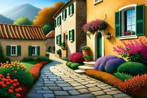 a painting of a colorful street with flowers and plants. AI-Generated photo
