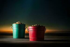 two buckets of peanuts on a table. AI-Generated photo