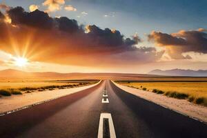 un largo la carretera con el Dom ajuste detrás él. generado por ai foto