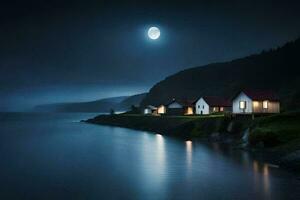 un de luna noche con casas en el costa. generado por ai foto