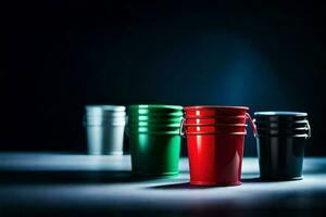 a row of colorful plastic buckets on a dark background. AI-Generated photo