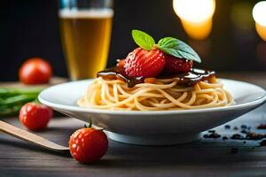 spaghetti with tomato sauce and strawberries on a plate. AI-Generated photo