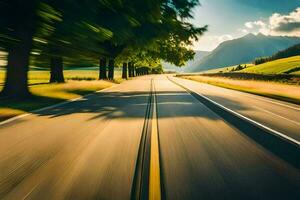 un borroso imagen de un la carretera con arboles y montañas. generado por ai foto