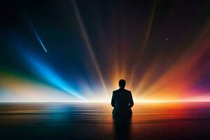 man in meditation pose on the ocean with colorful light. AI-Generated photo