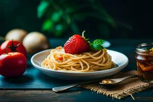 spaghetti with tomato sauce and fresh strawberries on a plate. AI-Generated photo