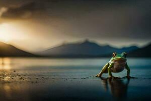 a frog standing on the shore of a lake at sunset. AI-Generated photo