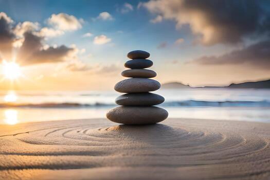 un apilar de piedras en el playa a puesta de sol. generado por ai foto