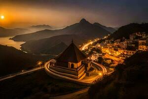 el Dom conjuntos terminado un montaña pueblo y un iglesia. generado por ai foto