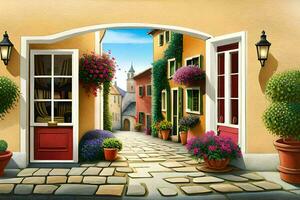 an artistic painting of a street with potted plants. AI-Generated photo