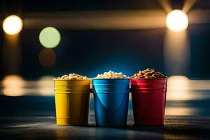 three cups of popcorn on a table. AI-Generated photo