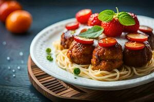 a plate of spaghetti with meatballs and strawberries. AI-Generated photo