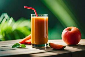 a glass of orange juice with an apple and a straw. AI-Generated photo