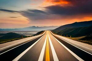 un largo la carretera con un puesta de sol en el antecedentes. generado por ai foto