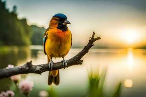 a colorful bird sits on a branch near a lake. AI-Generated photo