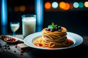 a plate of spaghetti with tomato sauce and a glass of milk. AI-Generated photo