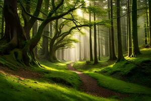 un camino mediante un verde bosque con arboles y rayos de sol generado por ai foto