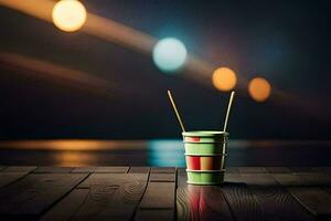a paper cup with chopsticks on a wooden table. AI-Generated photo