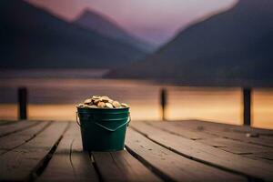 a bucket of nuts on a wooden dock. AI-Generated photo