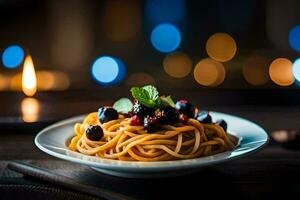 spaghetti with blueberries and mint on a plate. AI-Generated photo