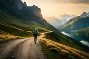 a man walking down a path in the mountains. AI-Generated photo