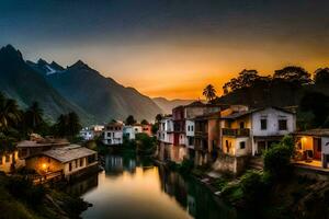 un río carreras mediante un pueblo a puesta de sol. generado por ai foto