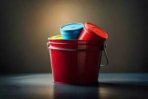 a red bucket with three colorful plastic containers. AI-Generated photo