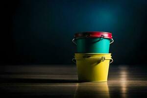 two colorful buckets on a wooden floor. AI-Generated photo