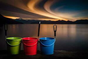 three buckets sit on a rock with a lake in the background. AI-Generated photo