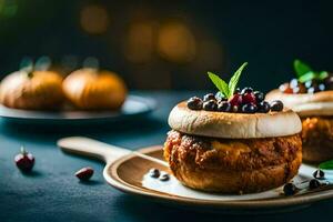 two small cakes with berries and nuts on a plate. AI-Generated photo