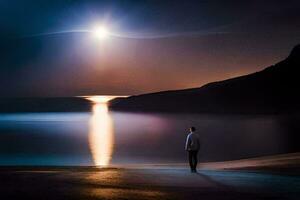 un hombre en pie en el playa mirando a el Luna. generado por ai foto