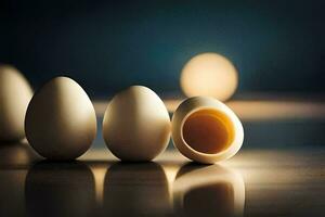 four white eggs are lined up on a table. AI-Generated photo