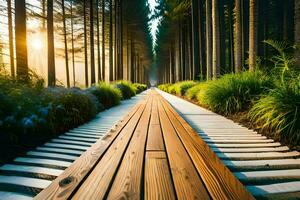 a wooden walkway in the middle of a forest. AI-Generated photo