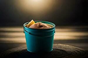 a bucket of ice cream sitting on top of a wooden table. AI-Generated photo