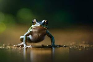 a frog is standing on the ground with its eyes open. AI-Generated photo