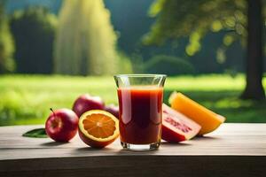 a glass of juice with oranges and melon. AI-Generated photo