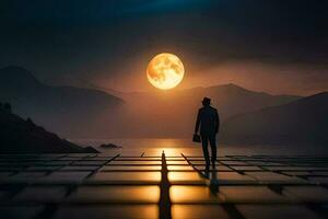 un hombre en pie en un plataforma mirando a el Luna. generado por ai foto