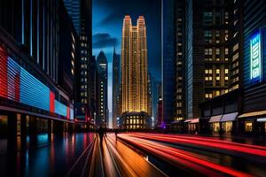 un largo exposición fotografía de un ciudad calle a noche. generado por ai foto