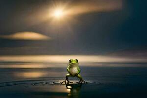 a frog sitting on the water in front of a bright sun. AI-Generated photo