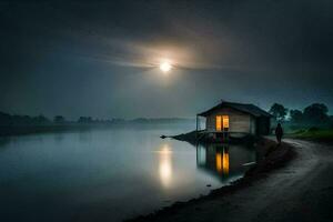 photo wallpaper the moon, water, the lake, the house, the moon, the lake,. AI-Generated