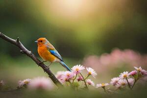 foto fondo de pantalla el sol, flores, pájaro, primavera, el pájaro, primavera, el pájaro,. generado por ai