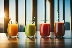 five different types of juices are lined up on a table. AI-Generated photo