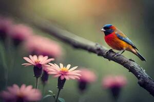 a colorful bird sits on a branch in front of pink flowers. AI-Generated photo