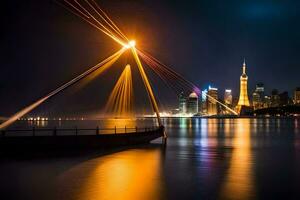 un barco es en el agua a noche con un ciudad horizonte en el antecedentes. generado por ai foto