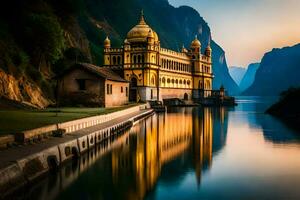 a golden building sits on the side of a river. AI-Generated photo