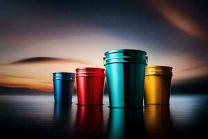 four colorful cups are sitting on a table. AI-Generated photo