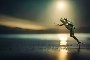 a frog jumping in the air on a beach. AI-Generated photo