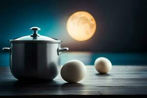 a full moon is seen in the background as two eggs sit in a pot. AI-Generated photo