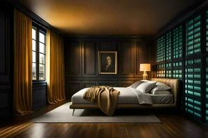 a bedroom with dark wood paneling and a bed. AI-Generated photo